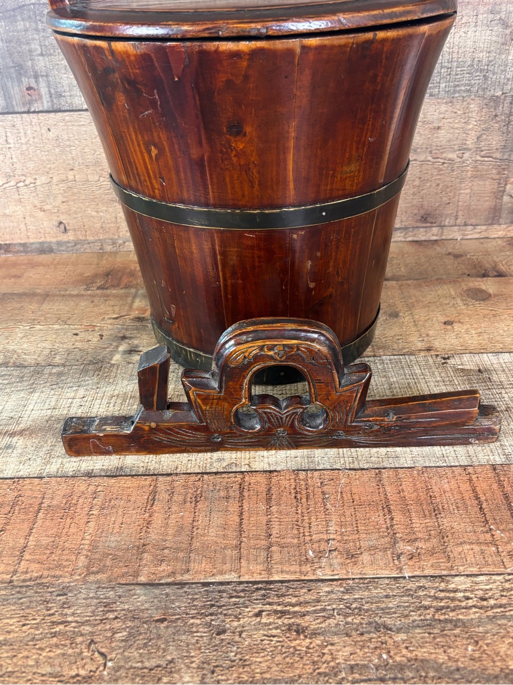 Vintage Chinese Lacquered Rice Bucket With Locking Lid & Handle Home Decor - Picture 7 of 14